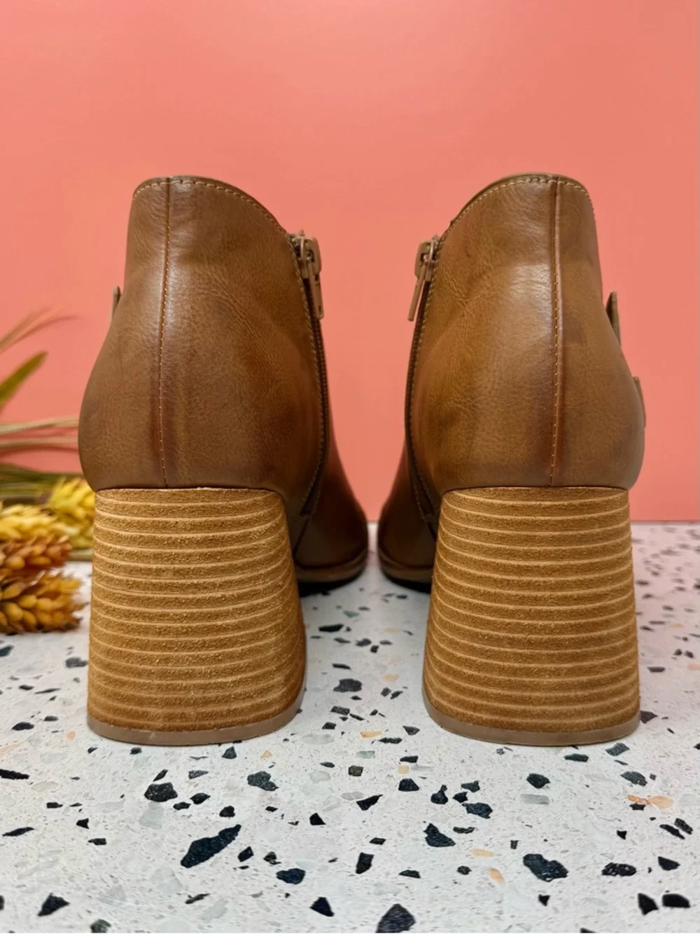 Kork-Ease Panela Tan Cognac Chunky Heel Peep Toe Women’s Booties Sz 10